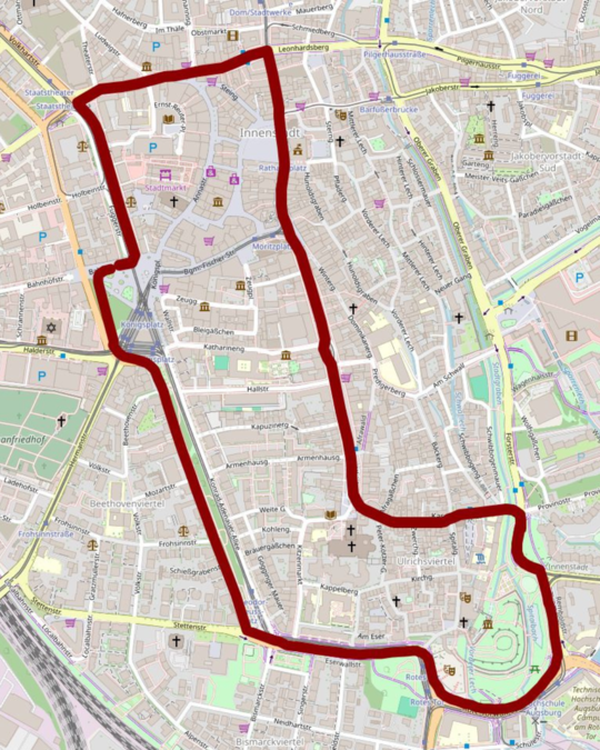 Die Route der Demo, welche einmal um die innenstadt Augsburg geht.